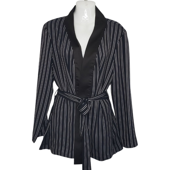Zara Dark Navy White Striped Women's Relaxed Smoking Jacket Blazer Large - Picture 15 of 15